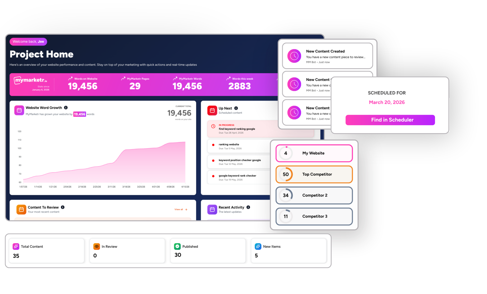 Dashboard UI titled 'Project Home' with a dark header, pink metric strip, and multiple widgets showing charts, counts, and notifications (informative image).