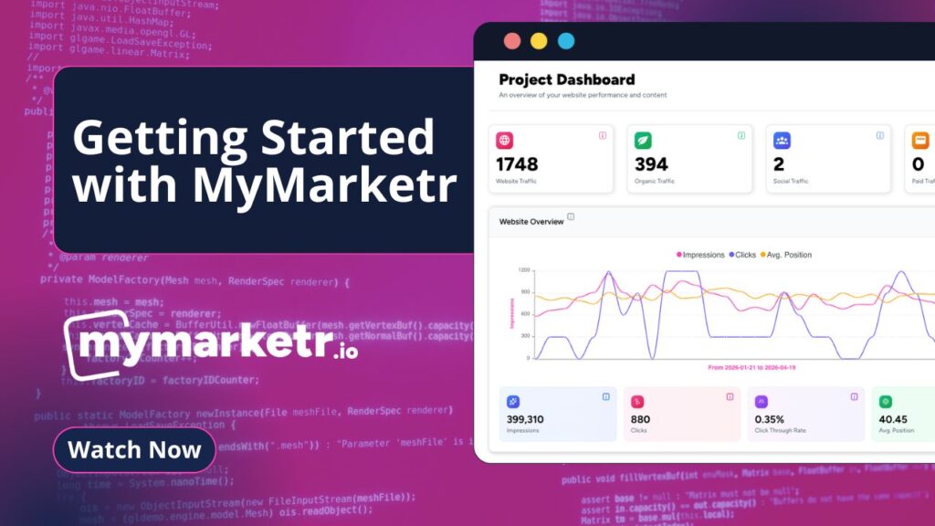 Promotional banner for MyMarker with 'Getting Started with MyMarker' text and a 'Watch Now' button beside a dashboard preview on the right (purple code background).