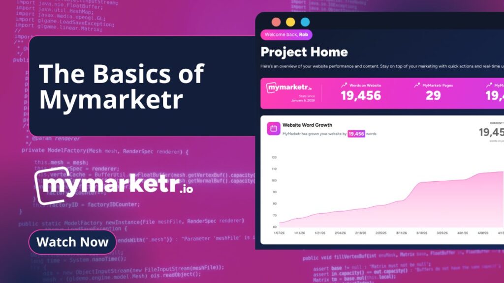 Hero banner for 'The Basics of MyMarkettr' course with a dark panel, pink accents, and a 'Watch Now' button.